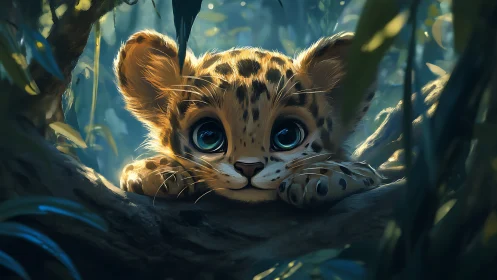 Bright-eyed baby leopard resting in a sunlit jungle hideaway.