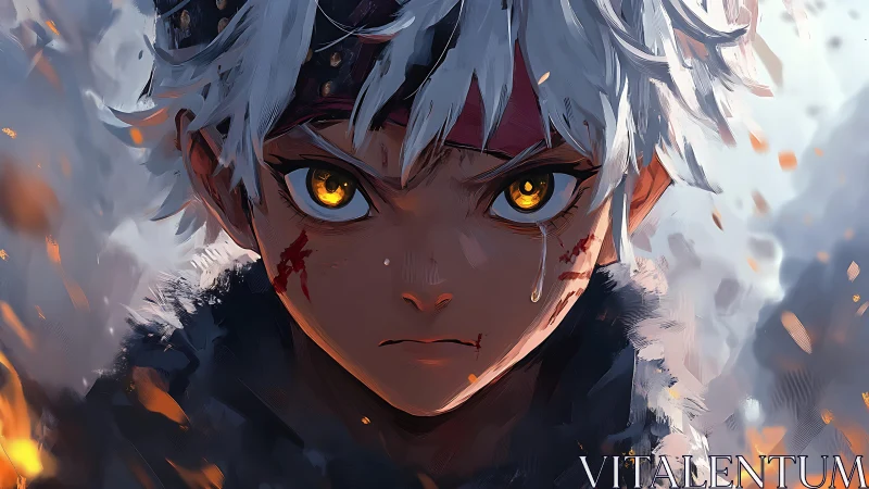 Ember-eyed warrior child faces storm of sparks and sorrow.