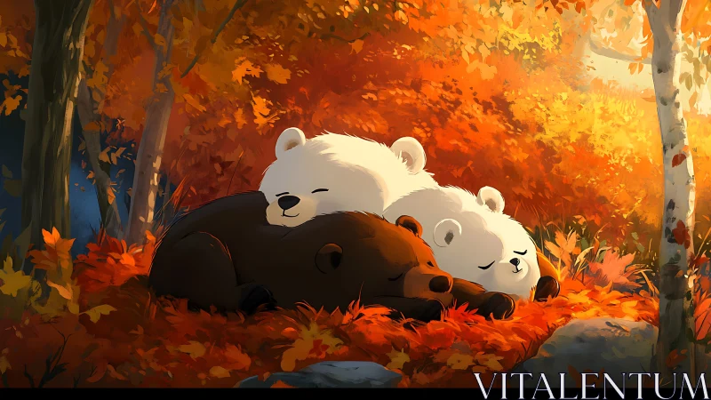Autumn forest bears rest under glowing golden foliage.