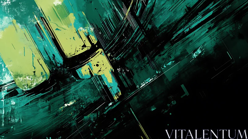 Abstract teal and lime geometric brushstroke composition.