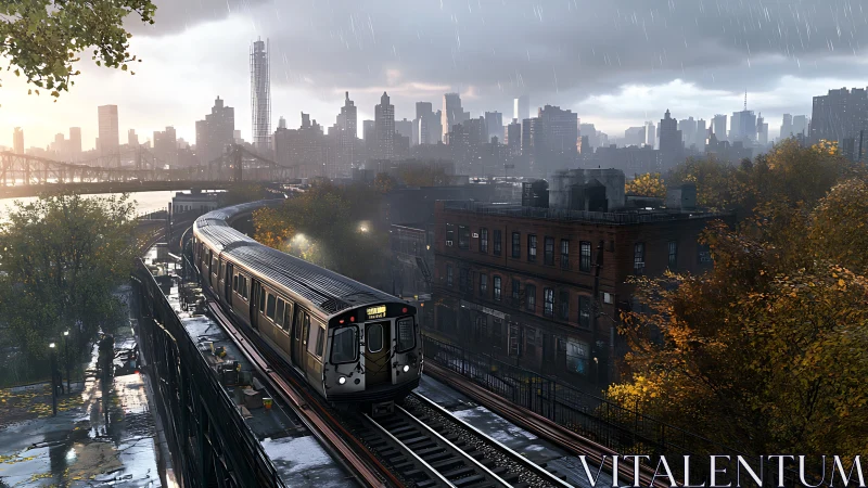 Subway train snakes through a rainy city at autumn dusk.