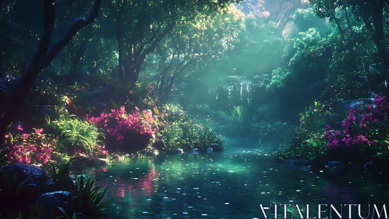 Luminescent forest landscape with magenta flora and reflective water body