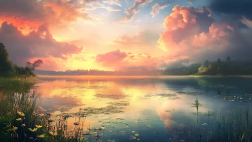 Soft sunrise over a dreamlike lily lake of quiet color.