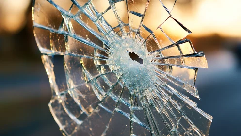 Radial fracture pattern in shattered glass pane at sunset.