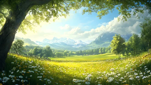 Sunlit alpine meadow panorama under sweeping spring canopy.