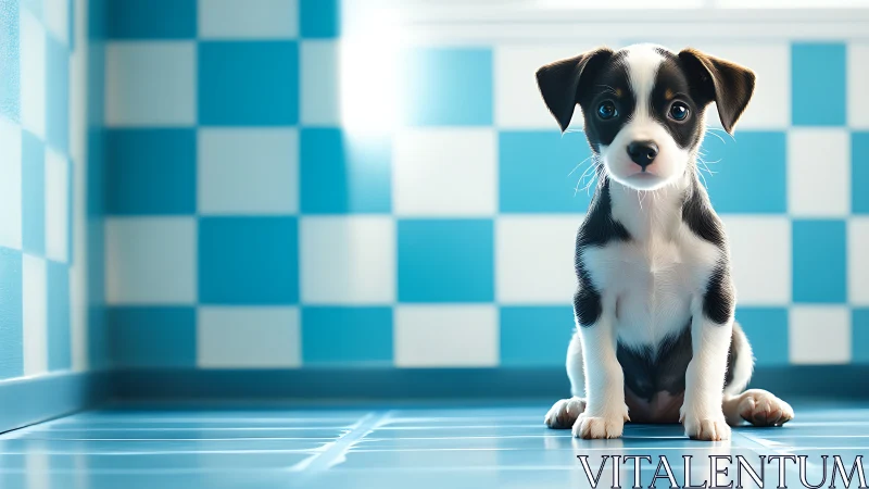 Small puppy on blue tiled floor in checkered room.