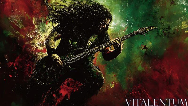 Guitarist lost in music amid wild splashes of color.