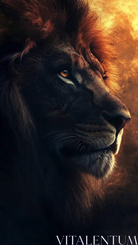 Firelit lion gazes into dusk while shadows cradle his mane