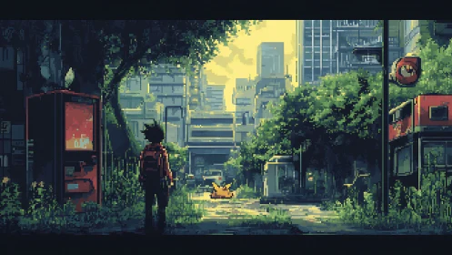 Pixel city street with boy, creature and overgrown ruins.