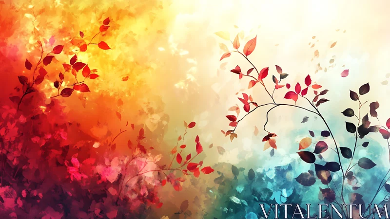 Vibrant gradient foliage with red leaves on abstract light field.