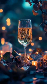Sparkling wine glass in moody candlelit garden scene.