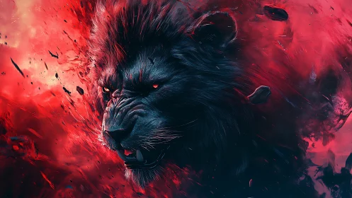 Digital feral lion head in red particle explosion field.