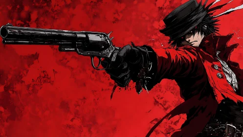 Brooding gunslinger in crimson coat against a blazing sky.