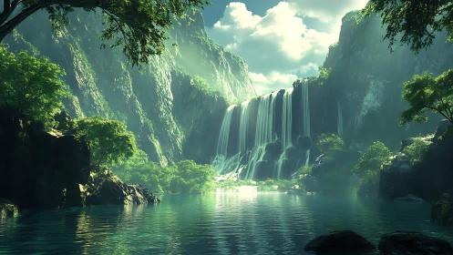 Lush digital waterfall valley with still reflective lake.