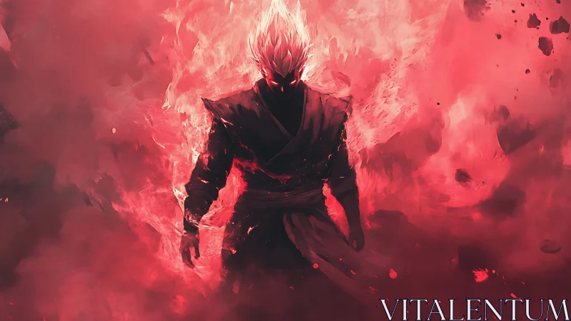 Silhouetted figure stands in red energy cloud environment