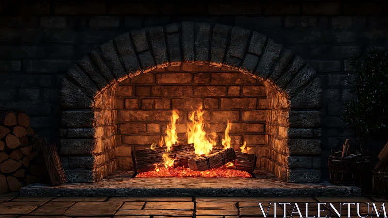 Stone fireplace with active fire and arched brick interior