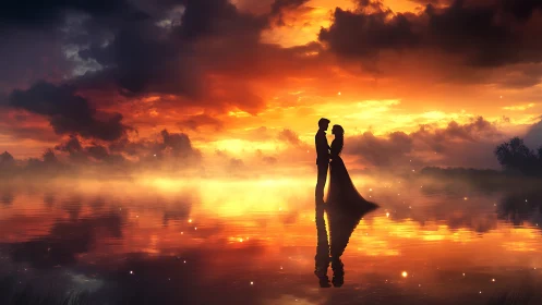 Silhouetted couple embracing across luminous water surface at golden hour.