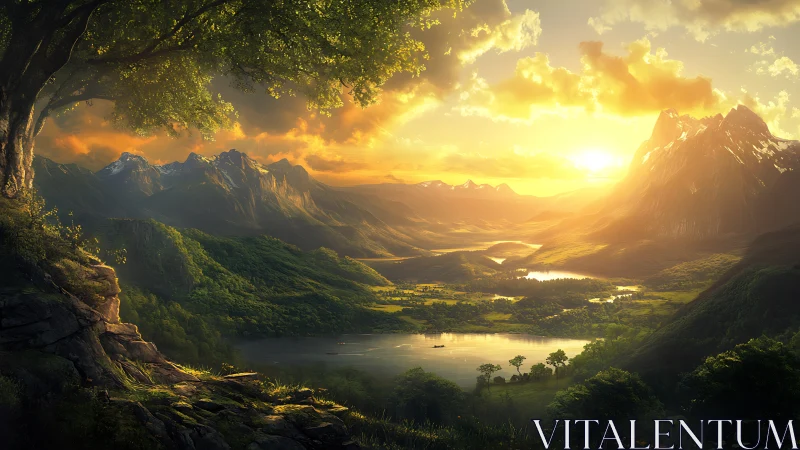 Golden valley sunrise welcomes calm mountains and quiet lake