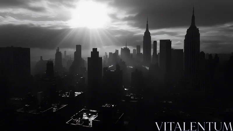 Sunburst over monochrome city towers at dramatic dusk.