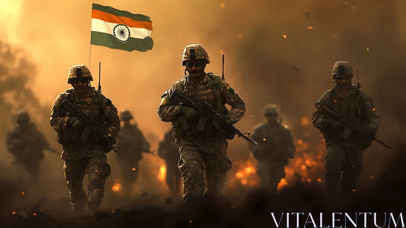 Indian soldiers advancing through smoke with national flag.
