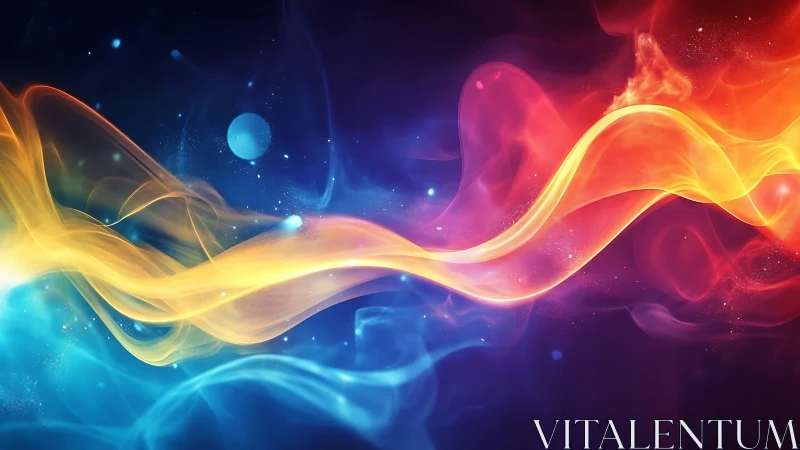 Glowing ribbons of color drift gently through a cosmic sky