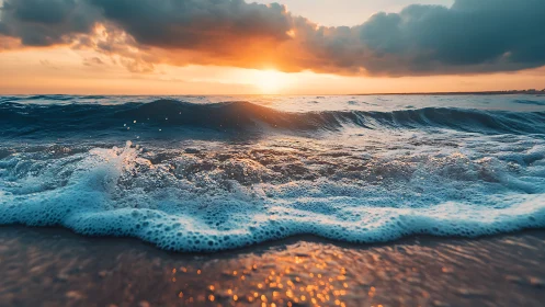 Sunset waves rolling toward shore under heavy clouds.