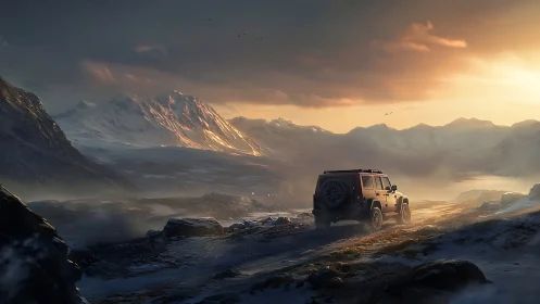 Off road SUV driving toward sunlit snowy mountain pass.