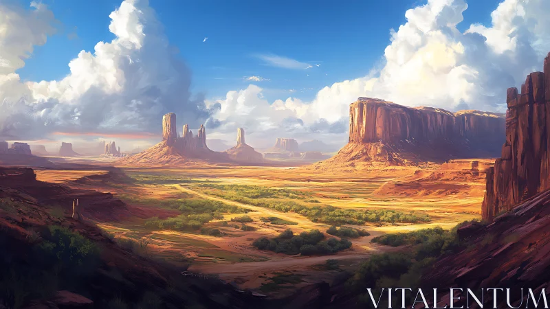 Sunlit desert mesas under towering storm-swept clouds.