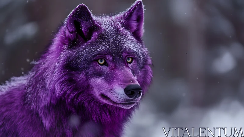 Violet wolf gazes through snowfall with intense golden eyes.