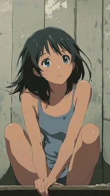 Thoughtful anime girl rests quietly against weathered boards
