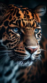 Leopard with Striking Blue Eyes Close Portrait.
