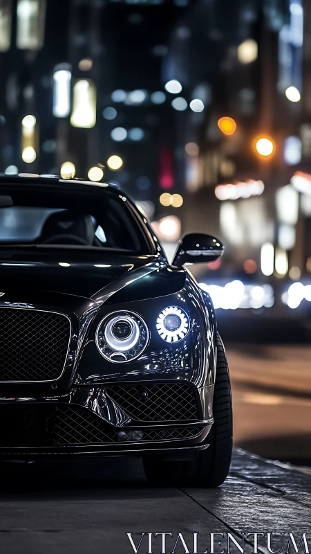 Luxury coupe with LED headlights idles on nocturnal city street