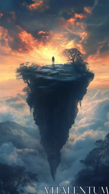 Lone figure contemplates dawn atop a floating sky island