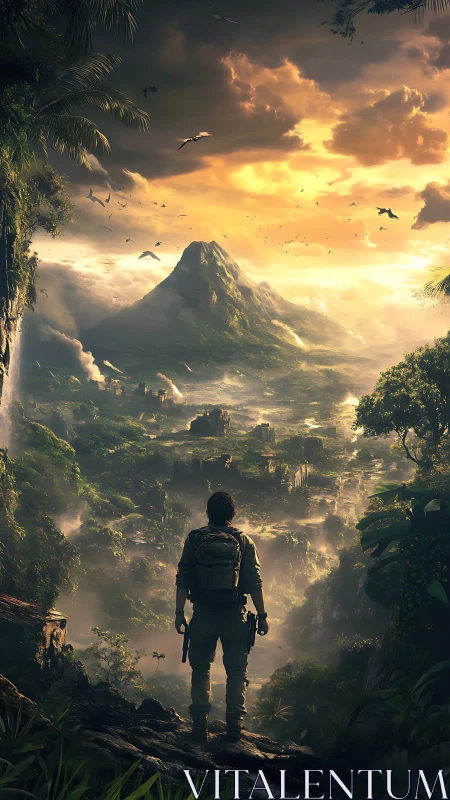 Backlit explorer surveys misty jungle valley and volcanic peak