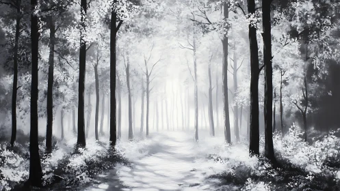 Luminous Winter Forest Path Through Misty Woods.