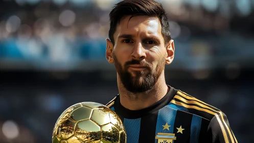 Male footballer in striped jersey holding reflective gold trophy
