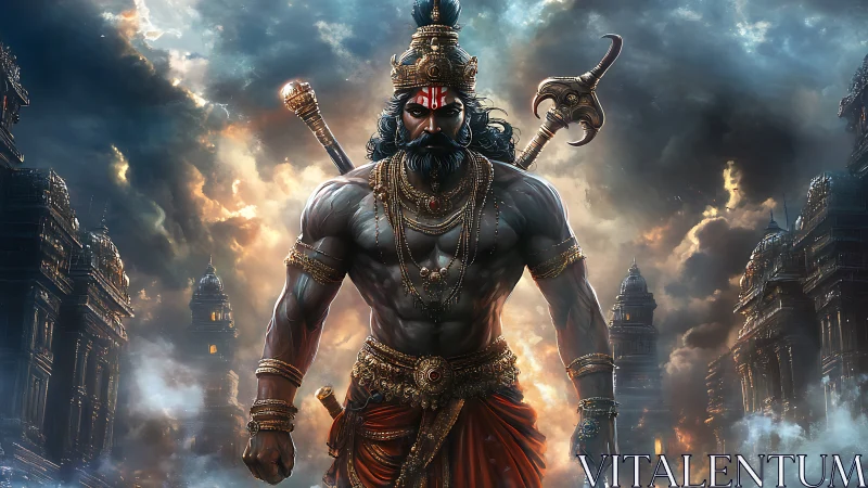 Warrior figure before temple structures under storm clouds.