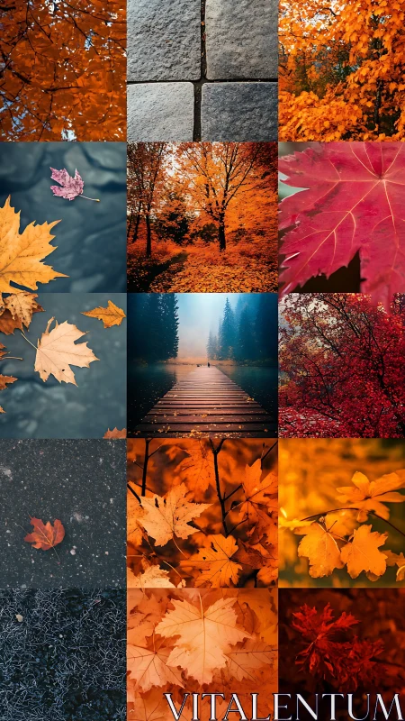 Autumn maple leaves form vivid orange seasonal collage grid
