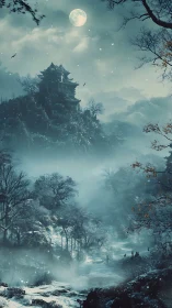 Moonlit mountain temple whispers through the winter mist
