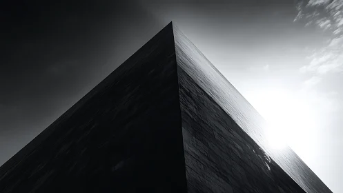 Monolithic dark building corner against bright sky.