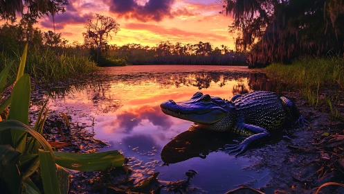 Alligator rests by glowing swamp under vivid sunset sky