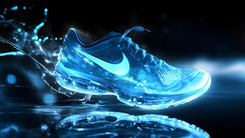 Futuristic glowing Nike running shoe with blue neon effects.