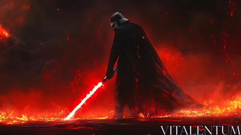 Dark warrior walks through fire with a glowing red blade