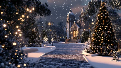 3D winter manor promenade with illuminated festive trees.