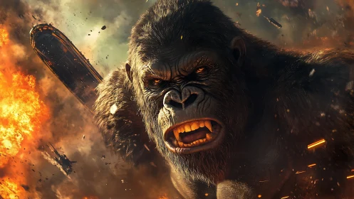 Giant gorilla rendered in mid-roar amid exploding debris