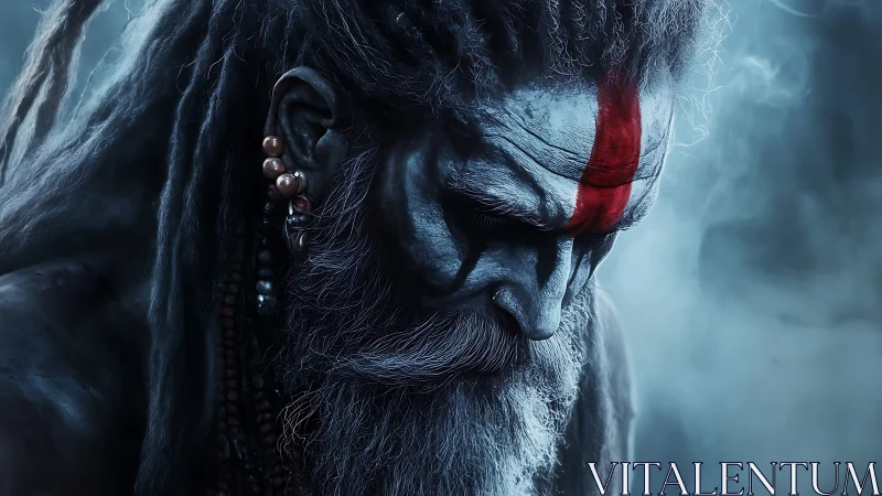 Blue-skinned ascetic with red mark in cold mist.