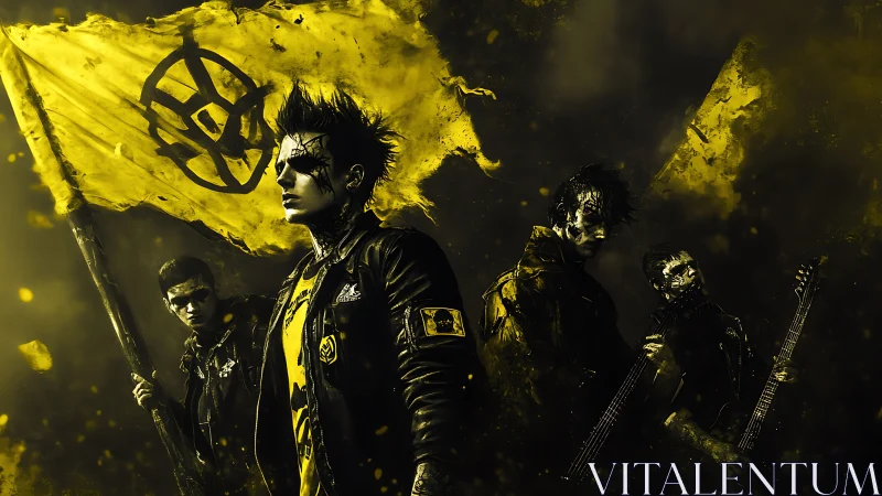 Band members with yellow flags in high contrast scene.