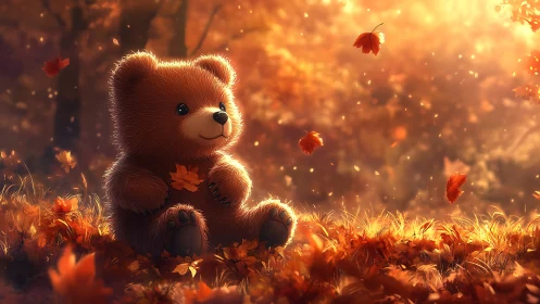 Cozy teddy bear enjoying gentle sunshine in autumn woods.