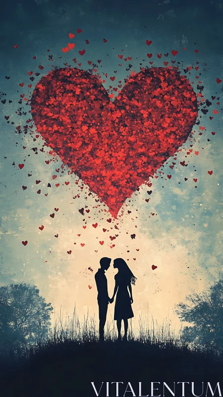 Silhouetted Couple Under Floating Heart Formation.