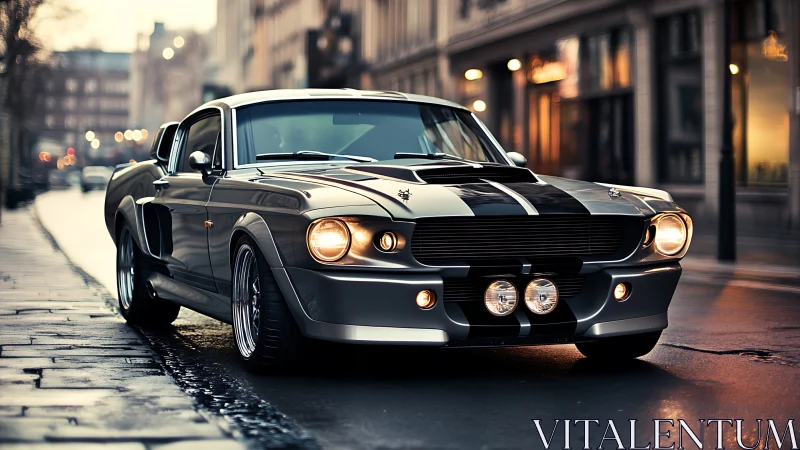 Classic fastback coupe on wet urban street at dusk.